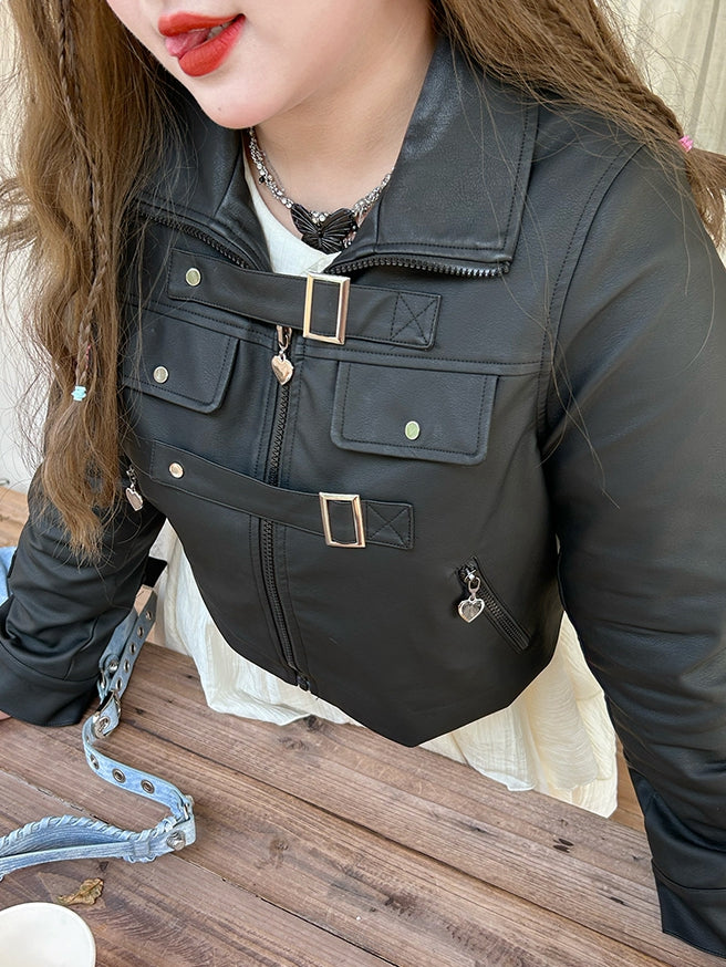 Plus Size - Black Buckles Decorated PU Jacket