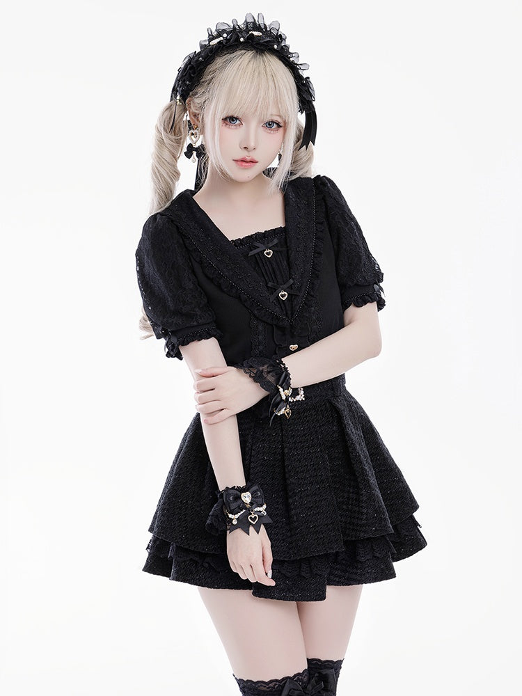 Jirai Kei Sailor Collar Black Short Sleeves Blouse Bowknot and Sweetheart Rhinestone Decorations