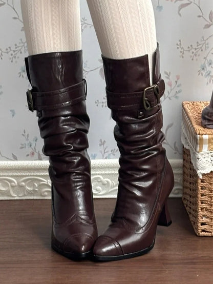 PU Dark Brown Elegant Lolita Stacked Boots - Slip-In Pointed Toe with Foldable Cuff & Buckle Accents