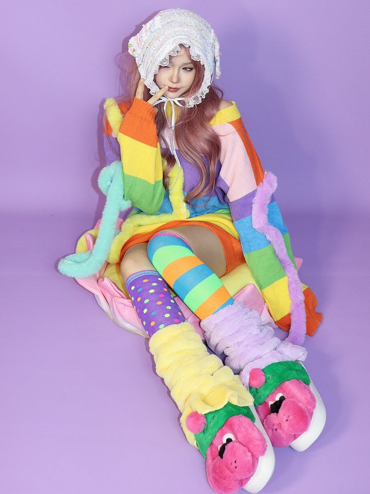 Gyaru Fashion Perple&Yellow Plushie Leg Warmers + Colorful Striped And Polka-Dot Pattern Over-Knee Stockings