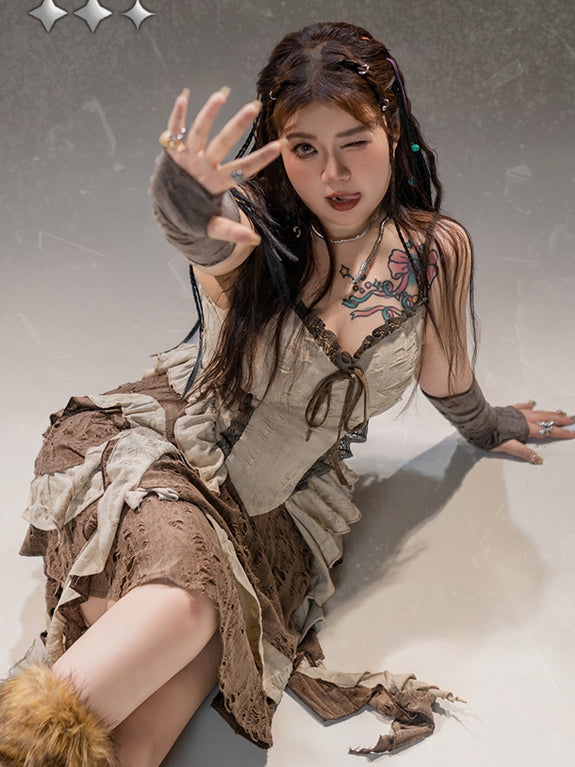 Plus Size Basque Waist Cascading Ruffles Distressed Holes Wasteland Punk Brown Cami Dress