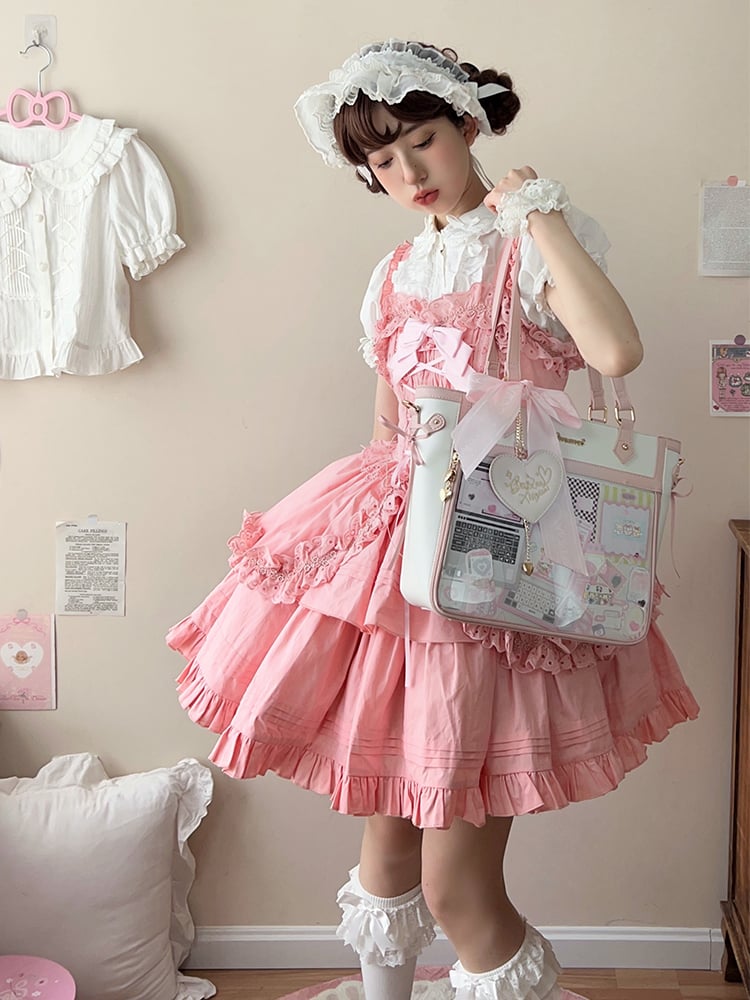 White and Pink Bowknot and Heart-shaped Charm Ita Bag