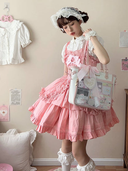 White and Pink Bowknot and Heart-shaped Charm Ita Bag