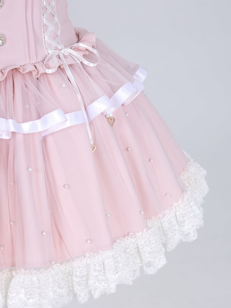 Allover Beads Pink High Waist Jirai Kei Skirt with Lace Up and Shirring Waist