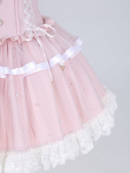 Allover Beads Pink High Waist Jirai Kei Skirt with Lace Up and Shirring Waist
