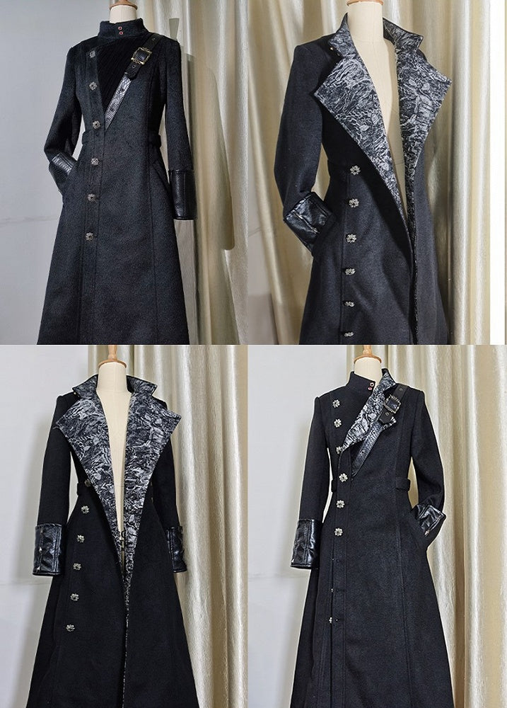 Ouji Fashion Black Leather Cuffs Gothic Lolita Woolen Coat with Silver Inner Lining