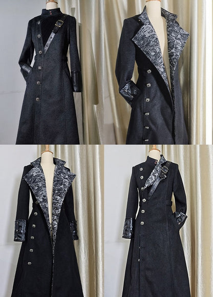 Ouji Fashion Black Leather Cuffs Gothic Lolita Woolen Coat with Silver Inner Lining