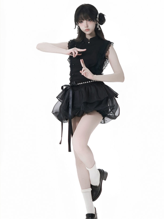 Black Cheongsam Style Banded Collar Mini Dress Bubble Skirt with Beaded Waist Chain