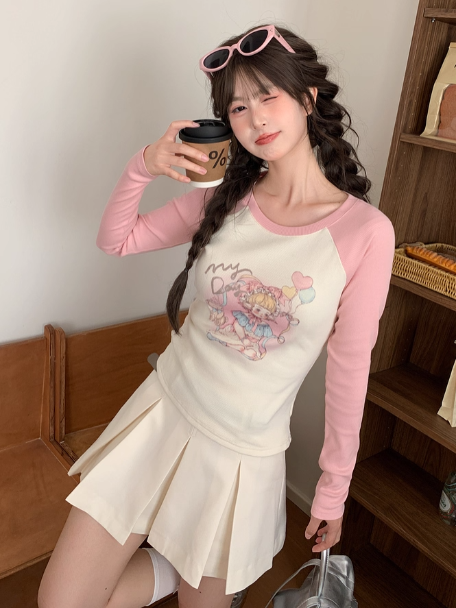 Cartoon Girl Print Apricot and Pink Colorblock Design Slim-fitting Top
