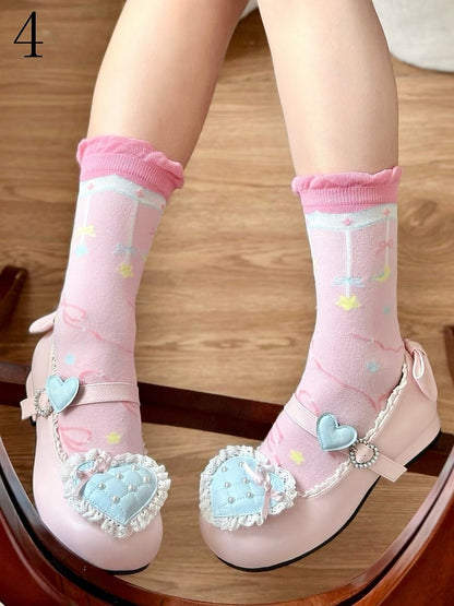 Pink/Blue Cookie/Candy/Ice Cream/Lollipop/Bowknot Print Lolita Calf Socks