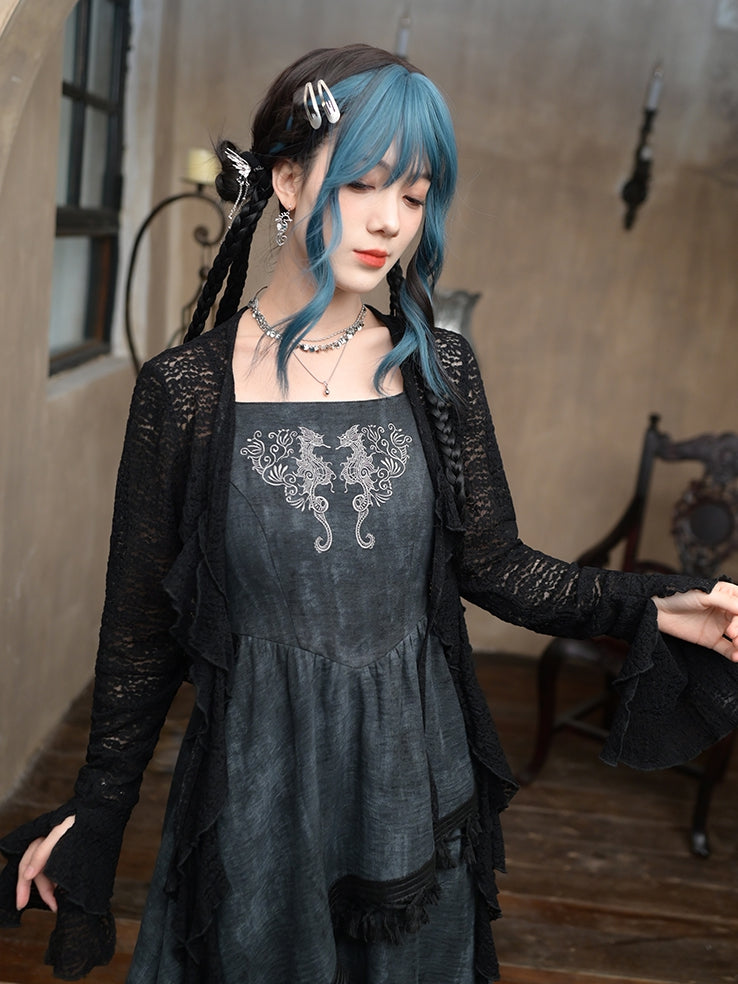 Black Bell Sleeves Asymmetrical Ruffled Hem Hollow-out Lace Cardigan