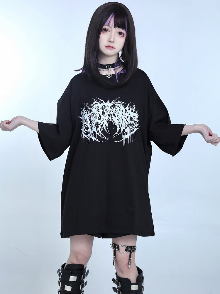 Black Jirai Kei Oversized Round Neck Top