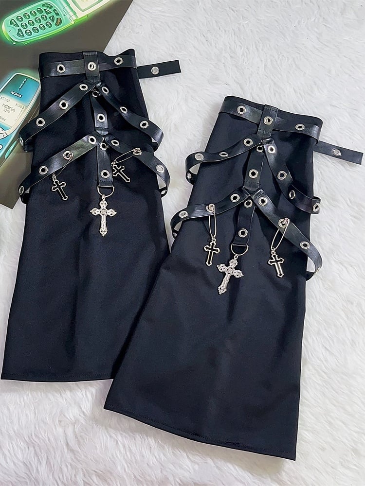 Black Y2K Punk Leg Sleeves With Metal Buckle Straps And Cross Charms