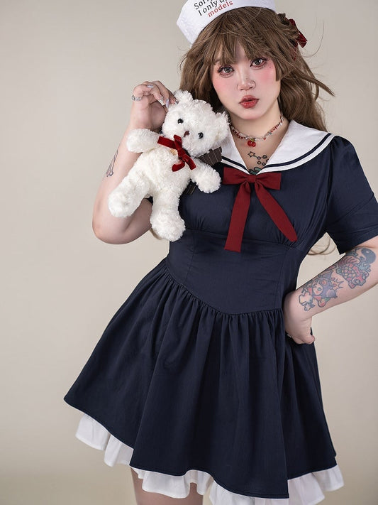Plus Size Blue Sailor Collar Basque Waist Summer Dress