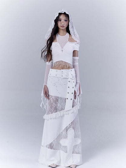 White Low Waist Lace Patches Cross Applique Punk Skirt with Buckle Belt