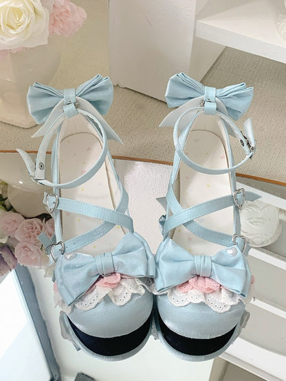 Blue Crisscross Design Bow at Top Heart Buckles Sweet Lolita Shoes With Dual Detachable Buckle Ankle Straps