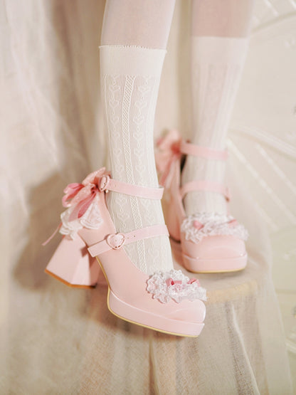 Pink Knotted Bow at Top Lace Trim Heart Buckles High Block Heels