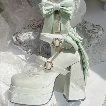 Light Green Detachable Bowknot Lily of the Valley Embroidery High Block Heel Platform Mary Janes