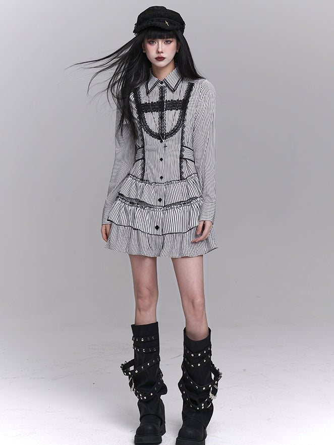 Gothic Lace Cross Tiered Skirt Black and White Striped Shirt Dress