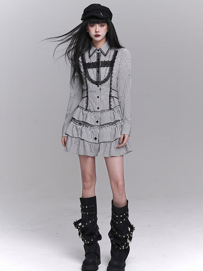 Gothic Lace Cross Tiered Skirt Black and White Striped Shirt Dress