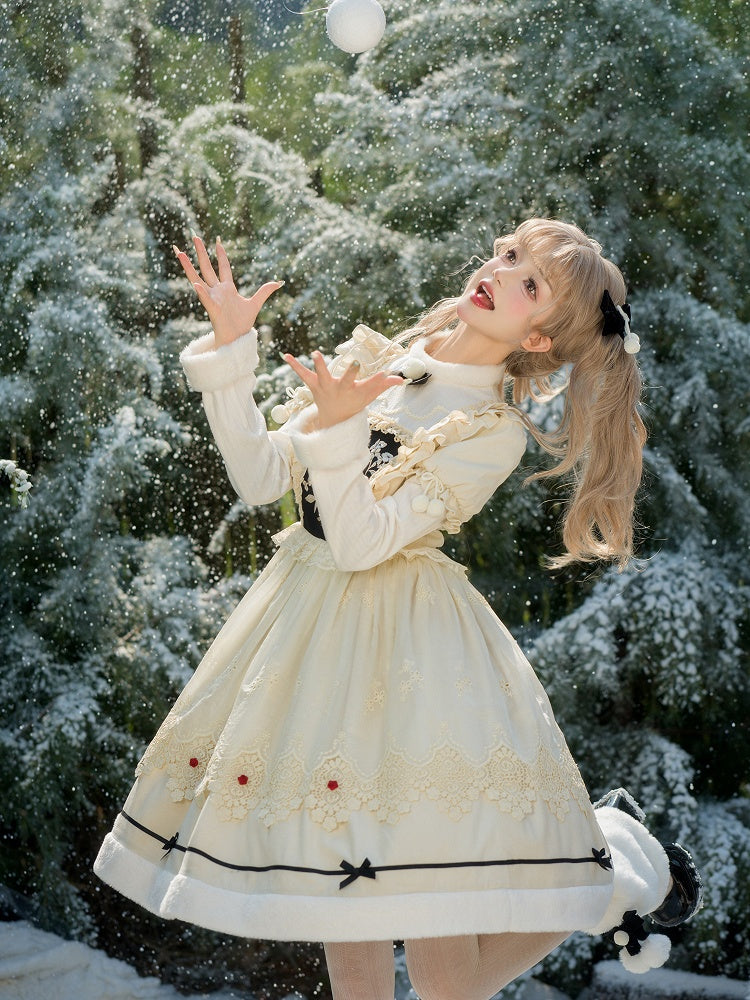 Beige Floral Embroidery Bodice Long Sleeves Lolita Dress Plush Neckline and Cuffs