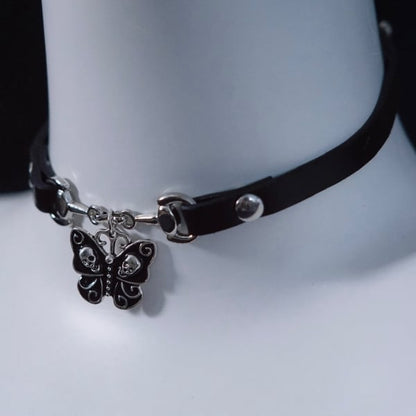 Gothic Skull Butterfly Pendant Black PU Choker