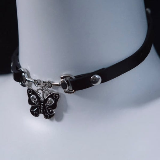 Gothic Skull Butterfly Pendant Black PU Choker