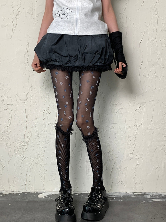 Black Punk Lace Trim Fishnet Over-knee Stockings
