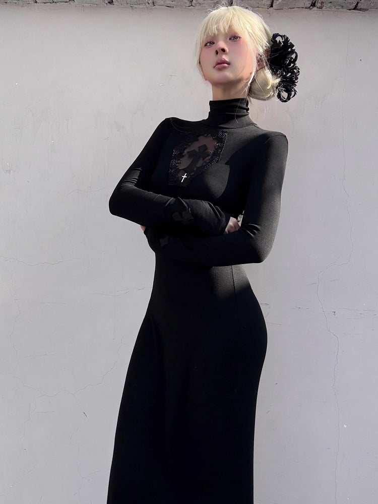Gothic Black Coffin Cutout Cross Details High Neck Mermaid Skirt Maxi Dress