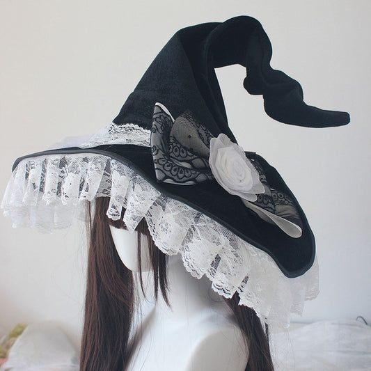 4 Color Options Halloween Floral Design Bowknot Decorated Lace Trim Witch Hat