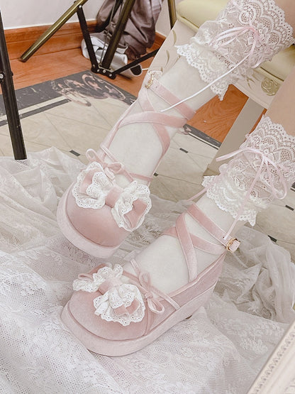 Pink Bow Accents Velvet Round Toe Platforms Crisscross Ankle Strap