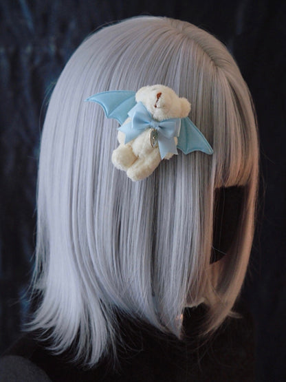 Handmade Bowknot White Teddy Hairclip with Blue Bat Wings