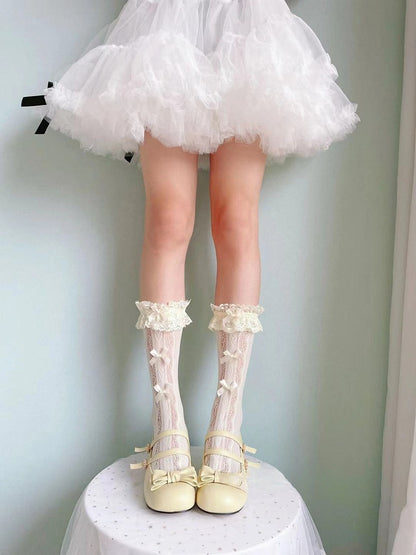 White/Cream Yellow Ruffled Lace Cuff Bows Calf Socks