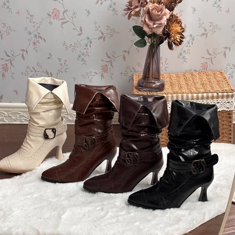 Black Classic Lolita Pointed Toe Boots - PU High Heel with Convertible Cuff & Vintage Inspired Fasteners