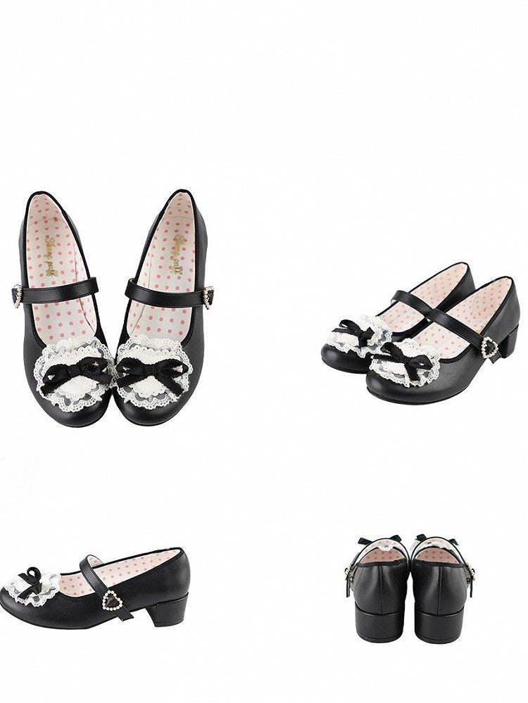 Blue Bow at Top Lace Trim Beaded Heart Buckles Lolita Shoes
