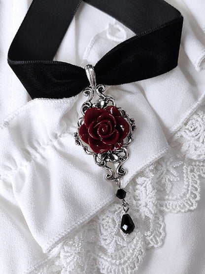 Purple/Wine Red Rosette Pendant Black Gothic Velvet Choker