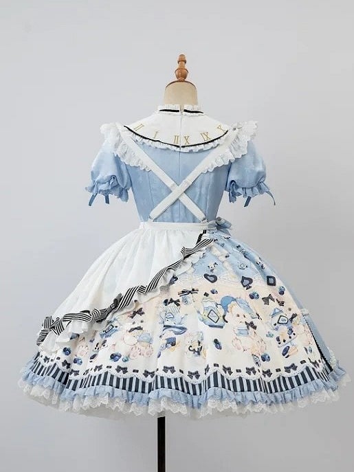 Alice in Wonderland Vibes Blue Bunny and Teapot Print Apron Dress Sweet Lolita OP / Full Set