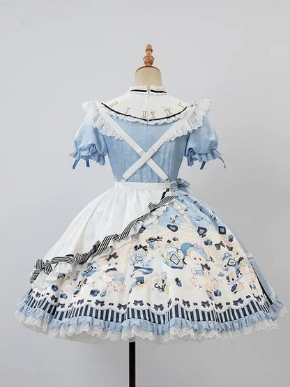 Alice in Wonderland Vibes Blue Bunny and Teapot Print Apron Dress Sweet Lolita OP / Full Set