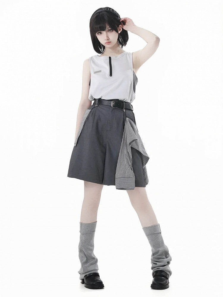 Gray Casual Shorts with Striped Accessory and Buckle Belt