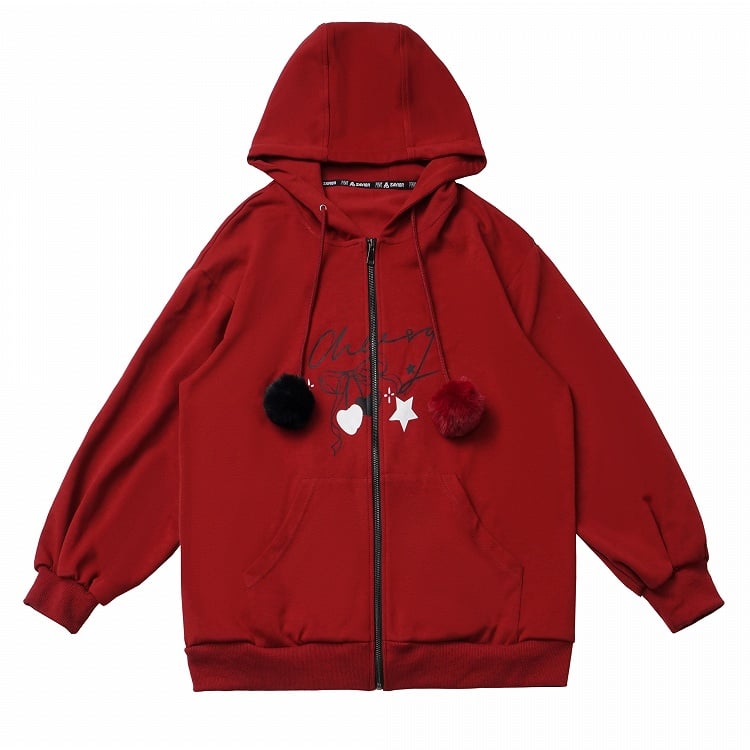 Red Zip-up Hoodie with Plush Pom-Pom Drawstrings