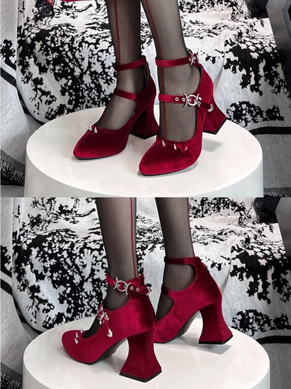 Punk Silver Studs Wine Red Witch Lolita Velvet High Heels