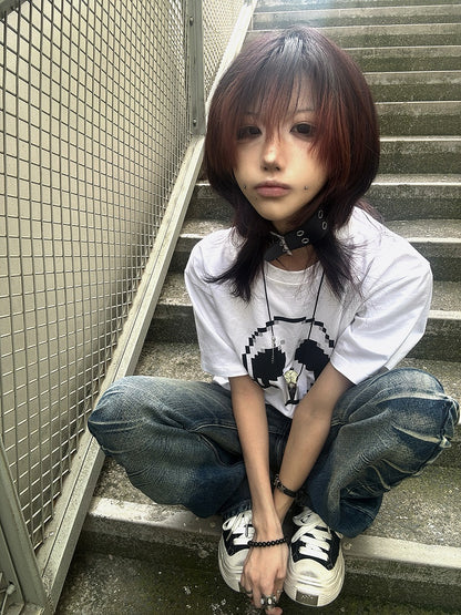 Black/White Round Neck Pixel Skeleton Print Cotton T-Shirt