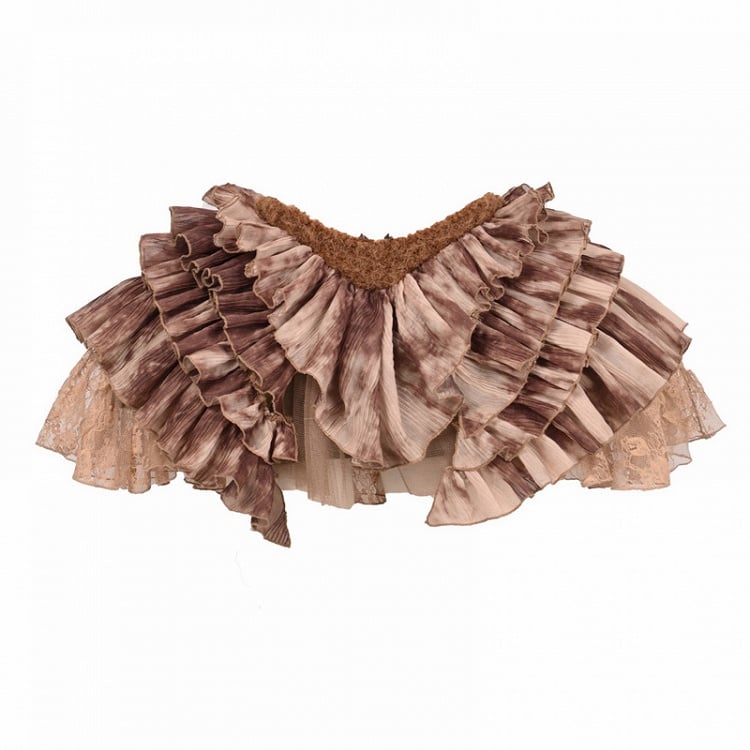 Brown Low Waist Fairy Goth Tie Dye Tiered Ruffles Skirt with Shorts Lining