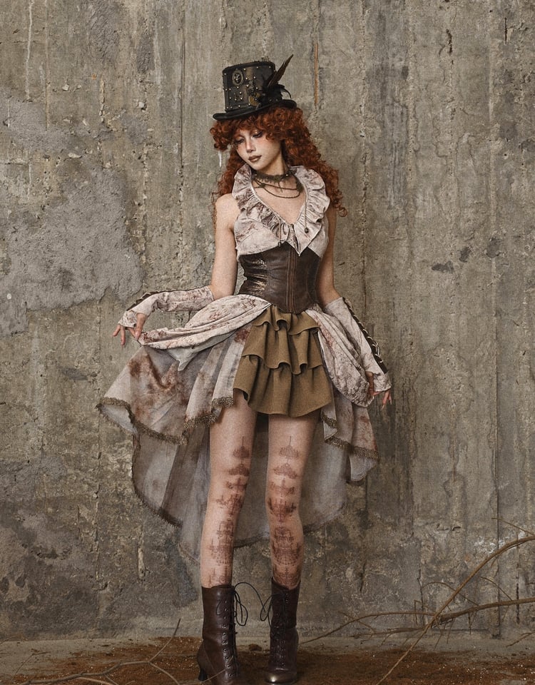 Brown PU Corset Waist Flounce Neckline Sleeveless Top