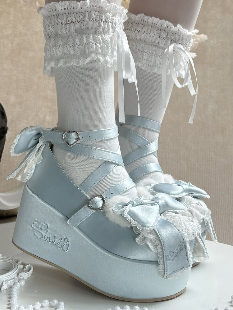 Blue Sweet Lolita Platforms with Plush Bear Ear Accents, Bow Embellishments & Crossed Straps