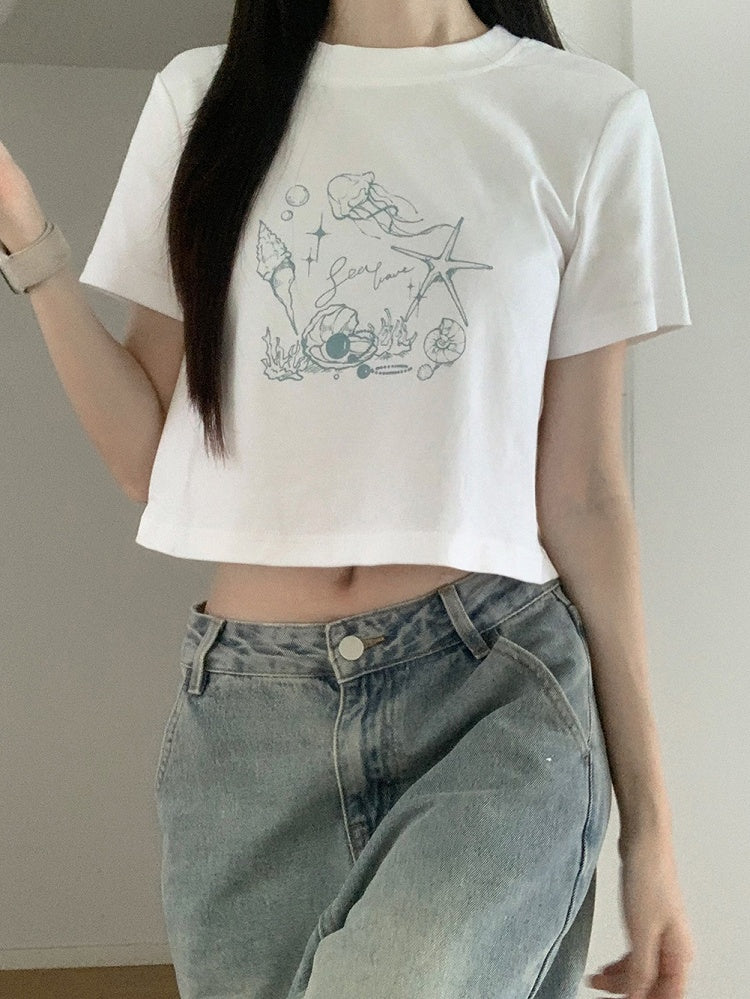 Seashell and Jellyfish Print White Round Neck T-shirt Regular/Short Version