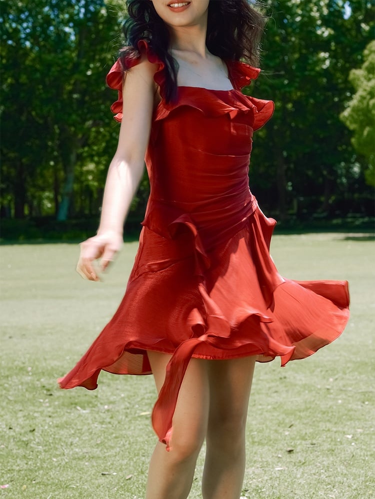 Red Vintage Flutter Sleeves Summer Dress