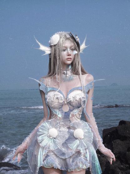 Dusty Blue Bead and Sequin Details Fairy Goth Mermaid Corset Top