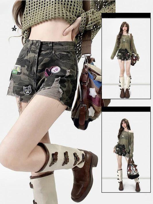 Army Green Y2K Camo Pattern Denim Shorts