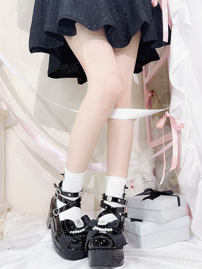 Jirai Kei Polished Black Beaded And Rhinestone Decorated Bow at Top Platform High Block Heels